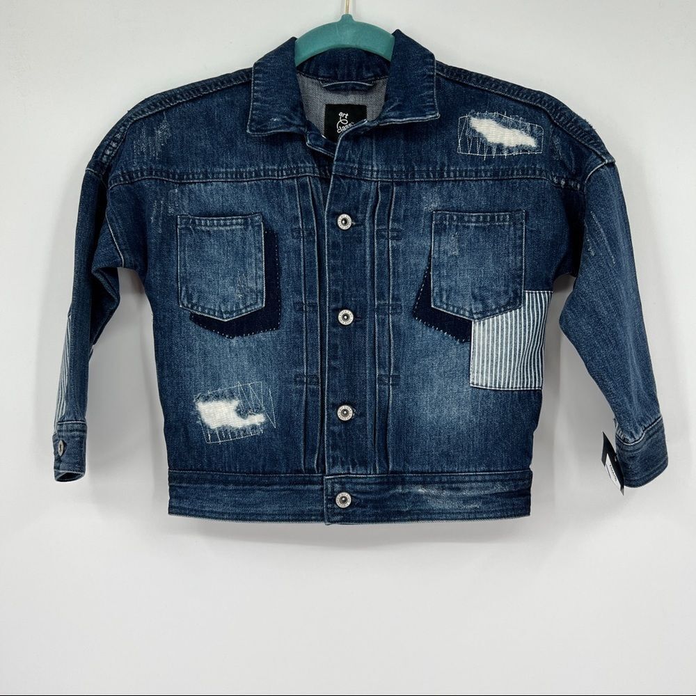 🐇 Art Class Pinstripe Patchwork Distressed Medium Wash Denim Jacket